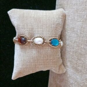 Multi Color Glass Gold Tone Link Bracelet